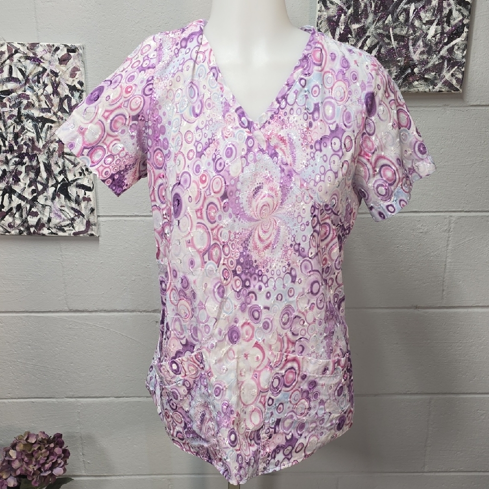 Barco Uniforms Purple and Pink Patterned Short Sleeve Scrub Top